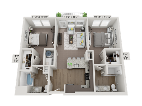 Floor plan for 2 beds, 2 baths, 917 sqft